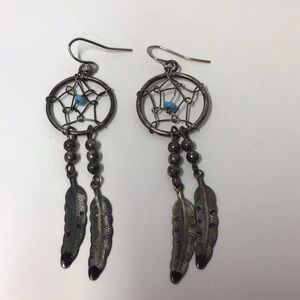 Dreamcatcher Feather Earrings vintage maybe silver plated as slightly tarnished